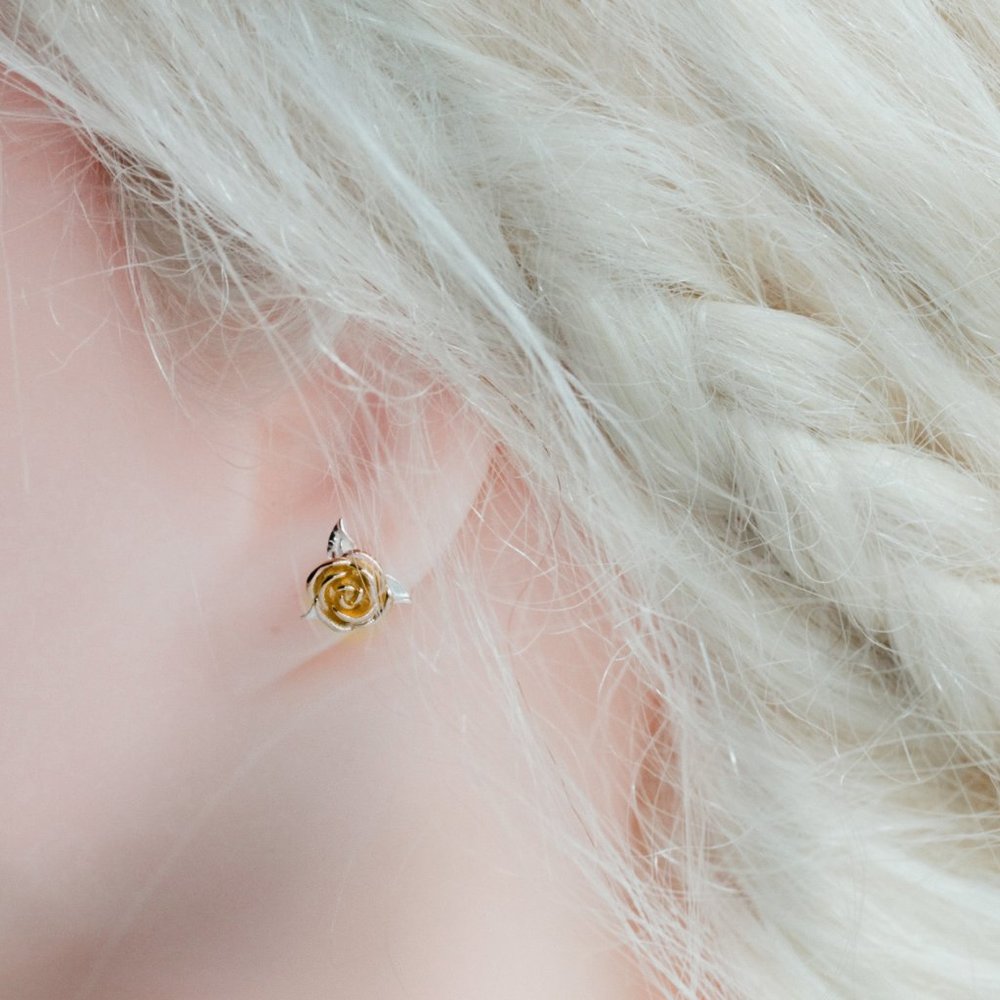 SOLD Gold Rose Flower Earrings studs Gold Vermeil Floral Earrings Studs for her - Picture 8 of 15